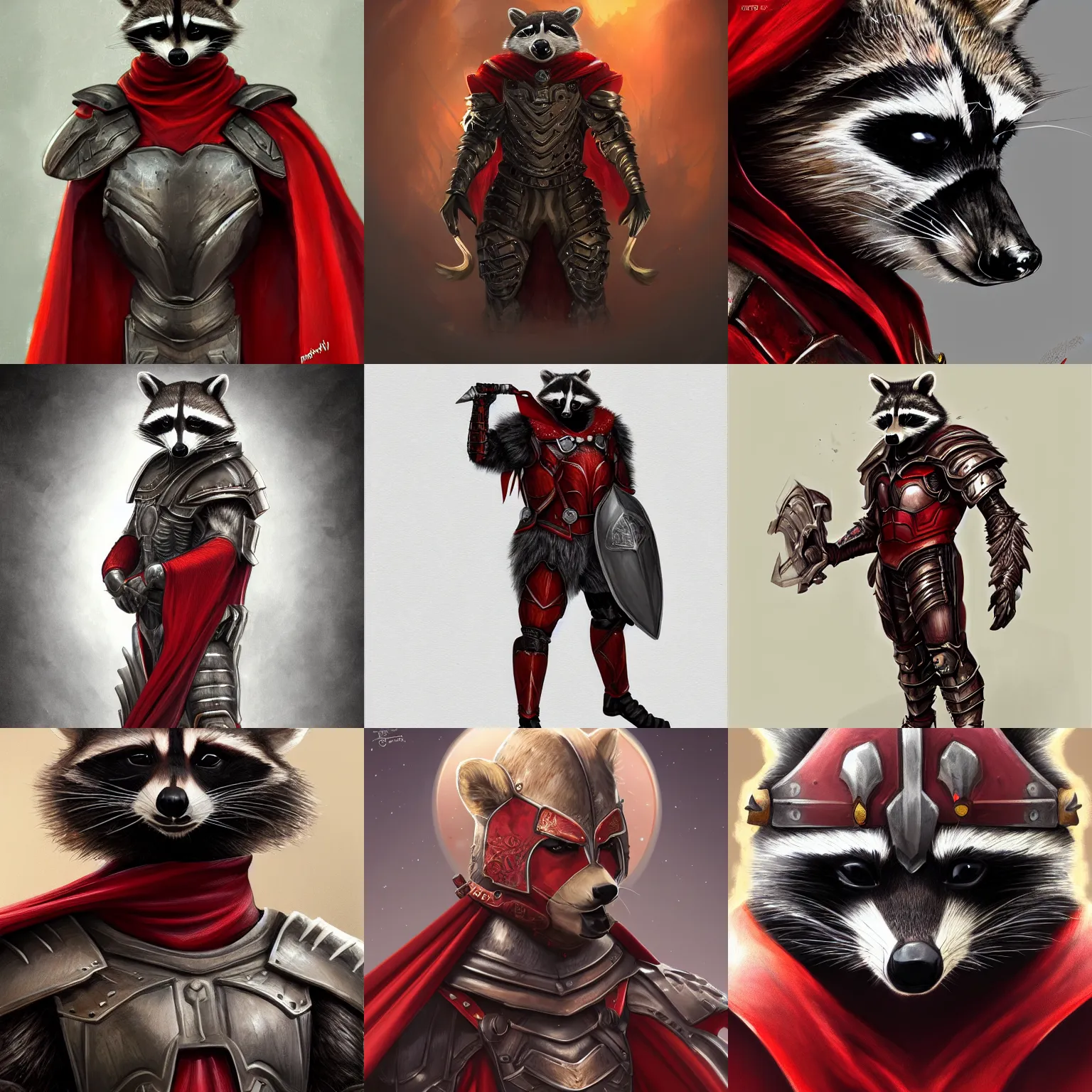 Prompt: Portrait of a raccoon humanoid wearing heavy armor. Iron armor, red cape, clothing. Fantasy, intricate, elegant, highly detailed, digital painting, artstation, concept art, smooth, sharp focus, illustration.