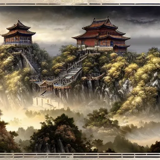 Image similar to dynamic composition, motion, ultra-detailed, incredibly detailed, a lot of details, amazing fine details and brush strokes, colorful and grayish palette, smooth, HD semirealistic anime CG concept art digital painting, watercolor oil painting of epic castle gate, from Three Kingdoms, by a Chinese artist at ArtStation, by Huang Guangjian, Fenghua Zhong, Ruan Jia, Xin Jin and Wei Chang. Realistic artwork of a Chinese videogame, gradients, gentle an harmonic grayish colors.