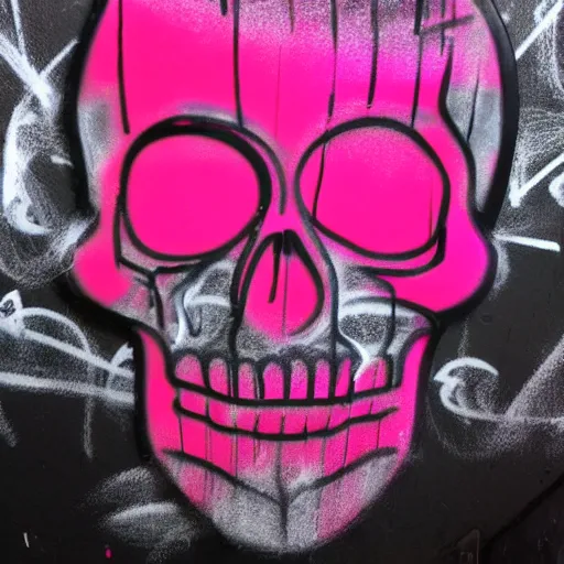 Prompt: a 3 d wireframe pink cartoon skull spray painted on a black background with dripping pink spray paint, three fourths view, graffiti, black background!!!!!