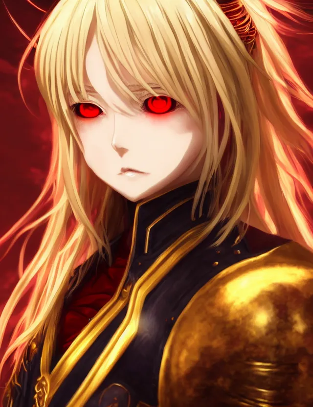 Image similar to an anime portrait of a blonde vampire girl with glowing red eyes in gold plated armour, trending on artstation, digital art, 4 k resolution, detailed, high quality, sharp focus, hq artwork, coherent, insane detail