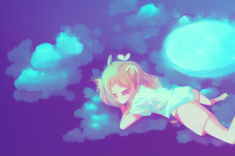 Image similar to a cute anime girl sleeping on a cloud, misty, glows, digital art, hazy, foggy, ambient lighting, 8 k, neon, synthwave,