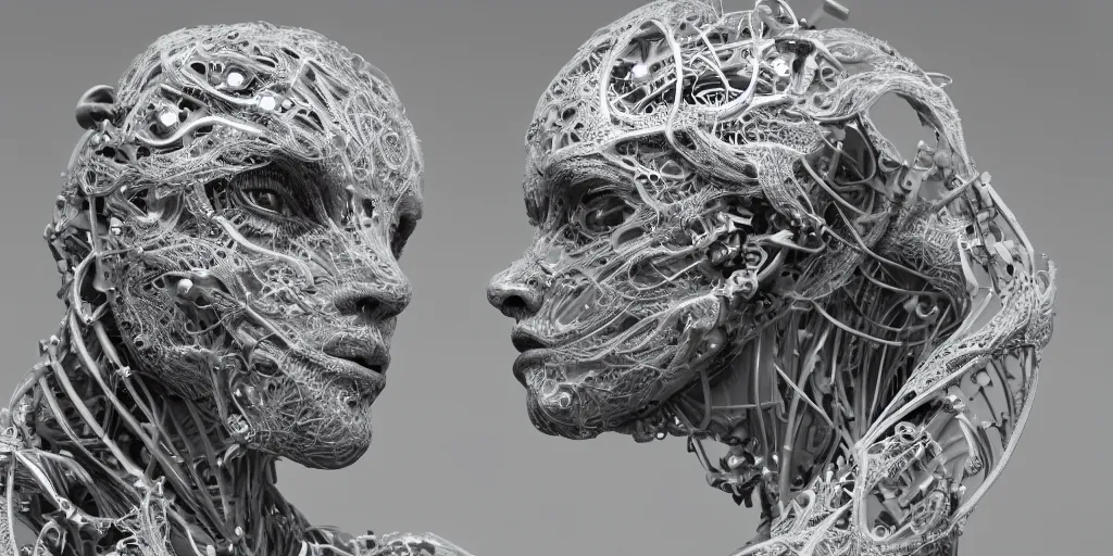 Image similar to hyperrealistic photography of a stunningly beautiful cyborg male, consciences being installed sci - fi, intimate, intricate filigree, fibonacci, in the style of beth cavener, jin kagetsu, and wlop, highly detailed, chrome face symmetry, masterpiece, award winning, sharp focus, concept art, high key, ambient lighting, 8 k, octane render,