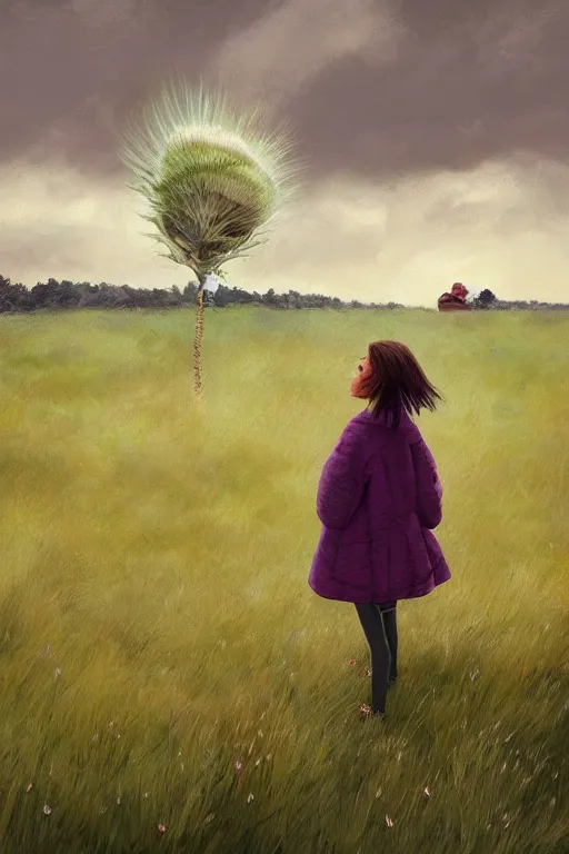 Prompt: portrait, enormous thistle flower head, girl wearing a coat in field, surreal photography, wind, cloudy sky, dramatic light, impressionist painting, digital painting, artstation, simon stalenhag