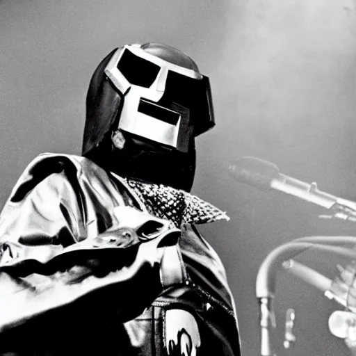 Prompt: a photo of MF DOOM performing on stage, madvillany.