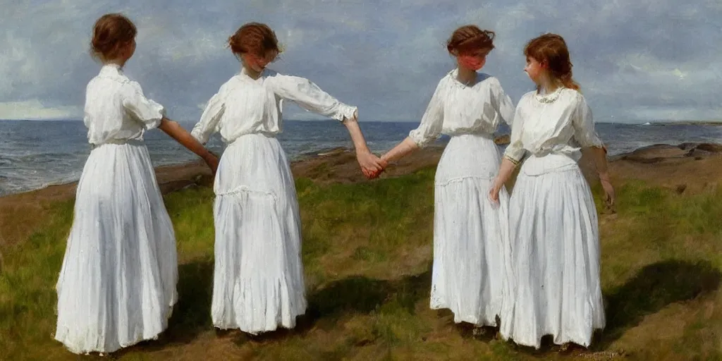 Image similar to 2 young edwardian women wearing white dresses hold hands on a beach in Sweden, in the style of Anders Zorn