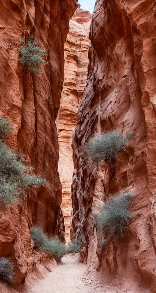 Prompt: narrow canyon in a desert, filled with flowers, caravan traders walking through on camels