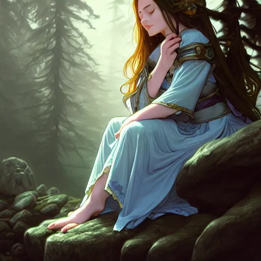 Image similar to wide angle, mage, sleeping on rock, white grey blue color palette, eyes closed, forest, female, d & d, fantasy, intricate, elegant, highly detailed, long brown hair, digital painting, artstation, octane render, concept art, matte, sharp focus, illustration, hearthstone, art by artgerm, alphonse mucha johannes voss