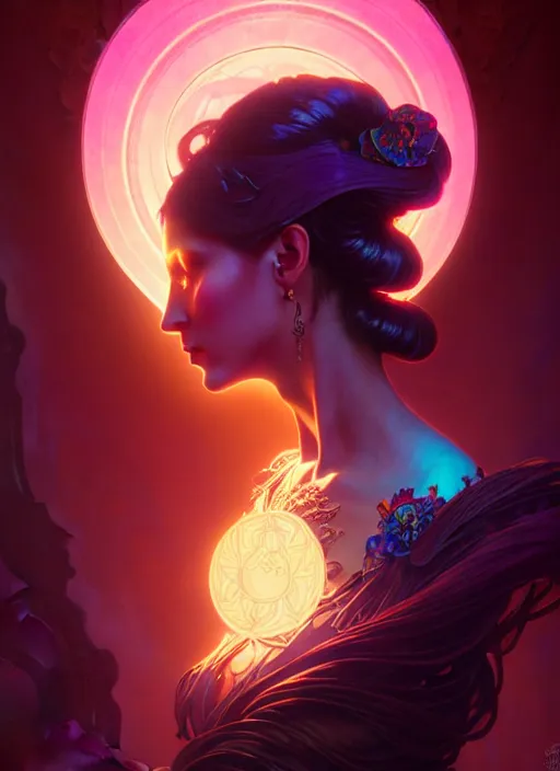 Prompt: side portrait dark witch, gloomhaven, soft, smooth, luminescent, art nouveau tarot, backlit glow, colorful swirly ripples, gaudy colors, aesthetic octane render, unreal engine, 8 k, by artgerm, greg rutkowski, alphonse mucha