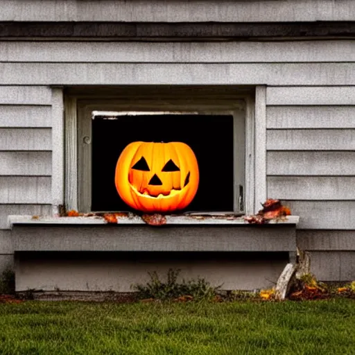 Prompt: movie still of a jack o lantern on the front porch of a house in the woods