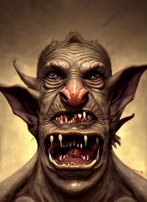 Image similar to profile face portrait of a medieval goblin eating cakes in the cloisters, beautiful face, hyper realistic, highly detailed, digital painting, artstation, illustration, concept art by hyung tae and frank frazetta, digital paint, matte paint, washed colors, dark, gloomy