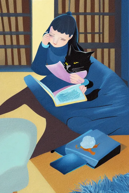 Image similar to a digital painting of a girl reading a book with a cat in A comfortable study room at night,JK uniform ,Hairdryer,blue theme,S line, by anmi and reoenl and krenz