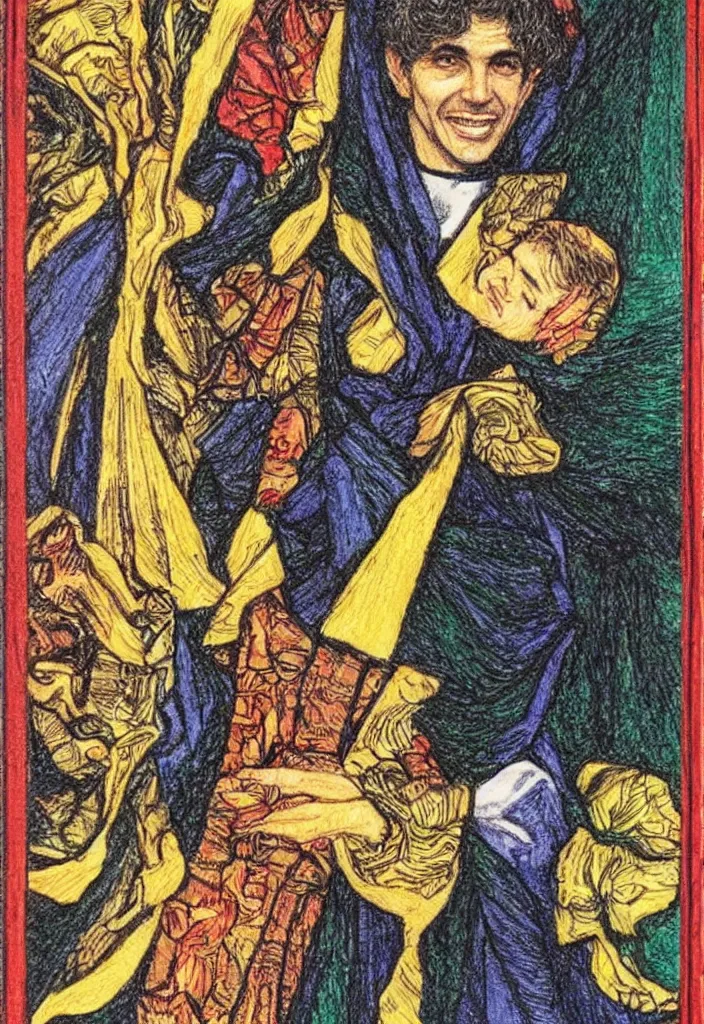 Image similar to Yoshua Bengio smiling drawn on the Tarot card. Illustration by preraphaelists.