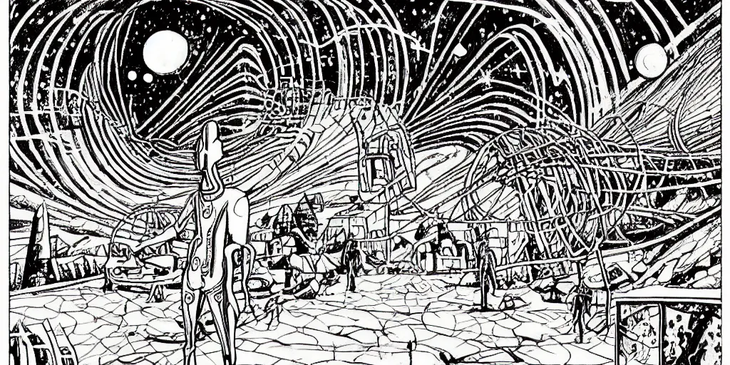 Prompt: traditional drawn colorful animation a car solo stranger with harvester net pacing to valley symmetrical architecture on the ground, space station planet afar, planet surface, ground, rocket launcher, outer worlds extraterrestrial hyper contrast well drawn Metal Hurlant Pilote and Pif in Jean Henri Gaston Giraud animation film The Masters of Time FANTASTIC PLANET La planète sauvage animation by René Laloux