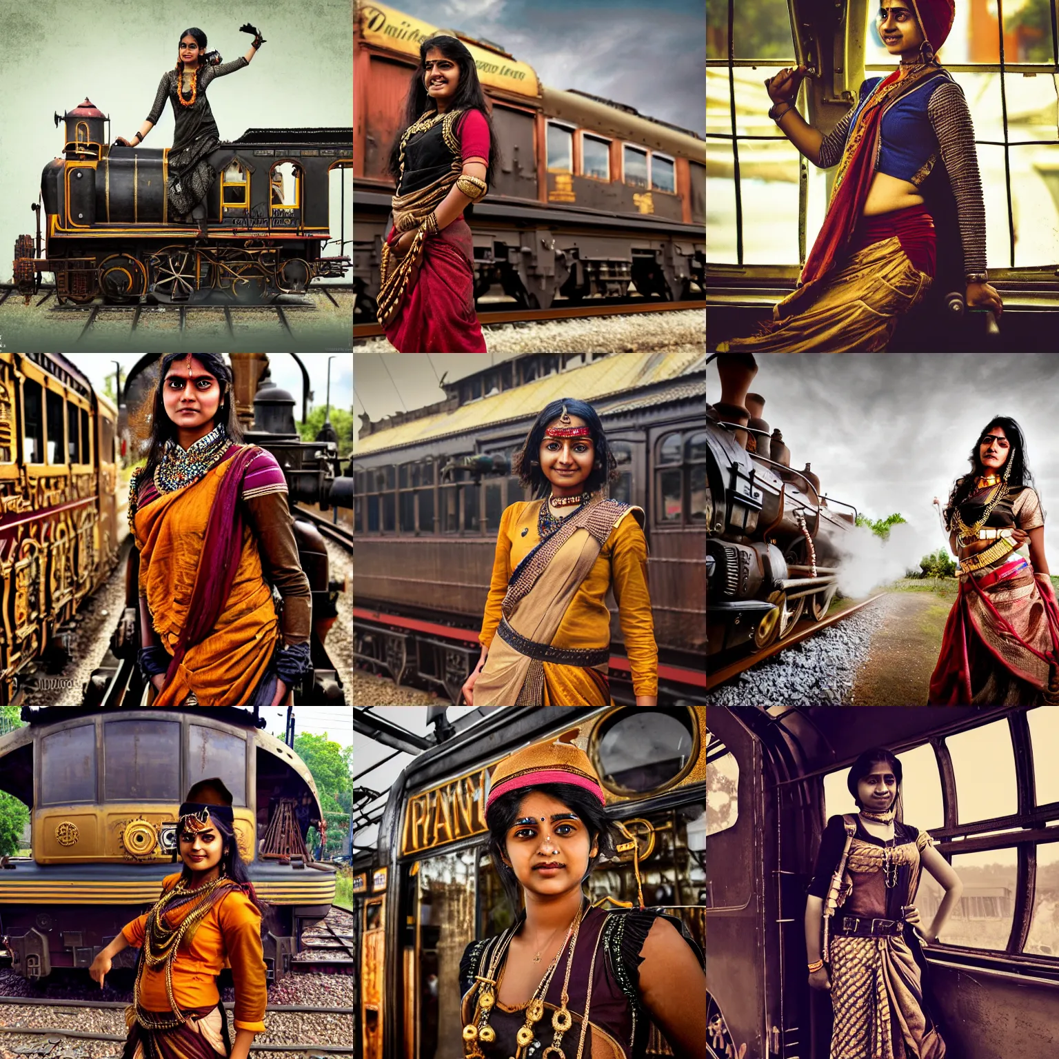 Prompt: A young Indian woman train driver, wearing a steampunk sari, posing in front of her steam train, at a Victorian train station, digital steampunk art, trending on ArtStation, cinematic, high quality, intricate, detailed