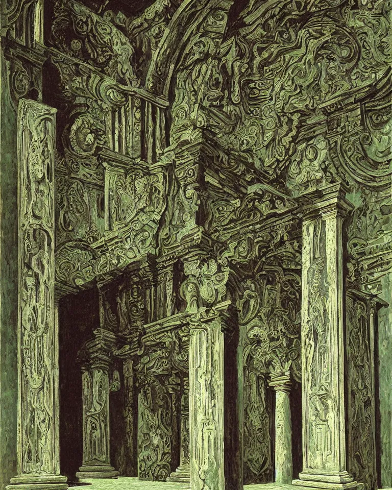 Image similar to achingly beautiful painting of intricate ancient giger columns and epic giger door on jade background by rene magritte, monet, and turner. giovanni battista piranesi. giuseppe sacconi, ettore ferrari, manfredo manfredi, gaetano koch, pio piacentini
