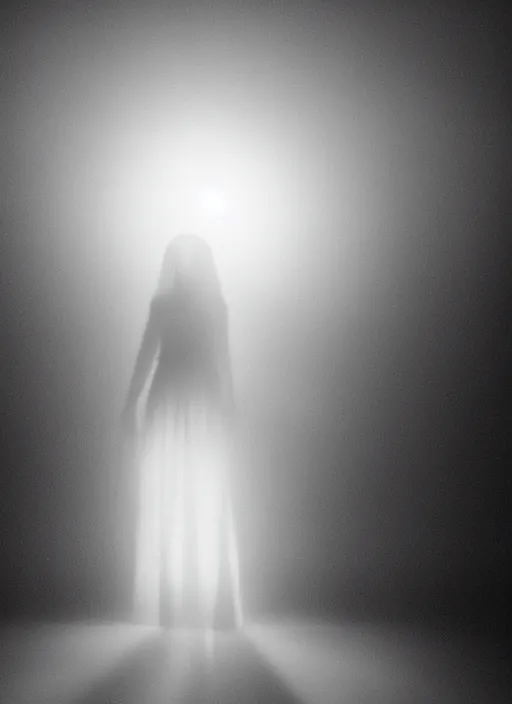 Prompt: a female silhouette, white glowing aura, faint orbs, fog, film grain, cinematic lighting