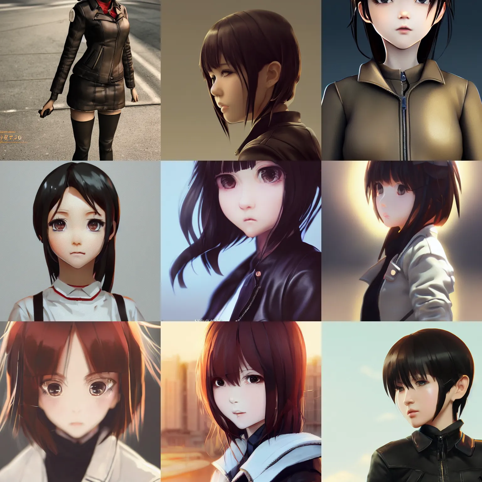 Image similar to clothed, worksafe. cgsociety, by wlop, ilya kuvshinov, krenz cushart, greg rutkowski, trending on artstation. zbrush sculpt, octane, maya, houdini, vfx. close - up face of a cute anime japanese filipino girl wearing leather jacket. cinematic dramatic atmosphere, sharp focus, volumetric lighting.