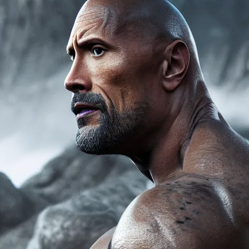 Image similar to close up of Dwayne Johnson, depth of field, 8k, 35mm film grain, unreal engine 5 render dramatic, intricate, elegant, highly detailed, digital painting, artstation, concept art, smooth, sharp focus, illustration, octane render, art by Leesha Hannigan, Ross Tran, Thierry Doizon, Kai Carpenter, Ignacio Fernández Ríos