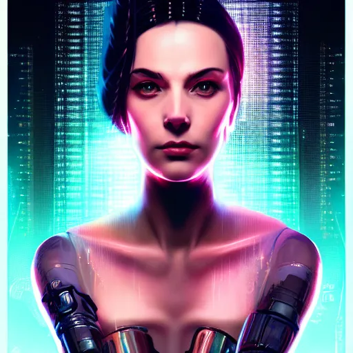 Image similar to portrait of a cyberpunk art deco girl with a vectot grid of light falling on her face, sci-fi, intricate lighting, elegant noir, highly detailed, digital painting, studio portrait, artstation, sharp focus, photo by artgerm and greg rutkowski and Charlie Bowater