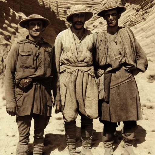 Image similar to ultra detailed photorealistic sepia - toned photo from 1 9 1 7, three clean - shaven british soldiers standing with two bedouin traders in traditional arab garb, at an archaeological dig site in wadi rum, ultra realistic, painted, intricate details, lovecraft, atmospheric, dark, horror, brooding, highly detailed, by clyde caldwell