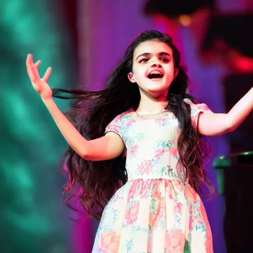 Image similar to Angelina Jordan singing on stage with a bouquet of flowers in her hair