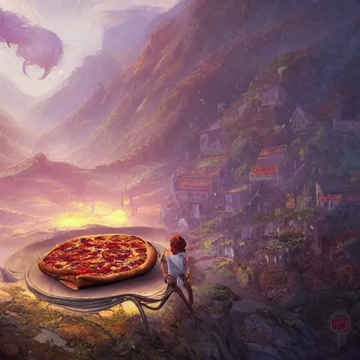 Image similar to ultra realistic illustration of pizza giant, intricate, fantasy italy, epic landscape, highly detailed, digital painting, artstation, concept art, smooth, sharp focus, illustration, art by tim mcburnie and conar cross and anato finnstark