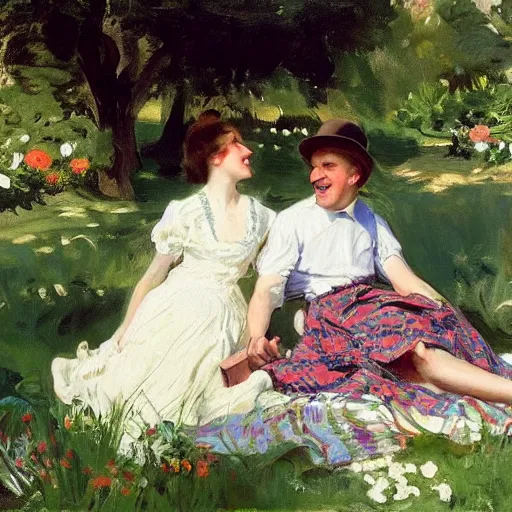 Image similar to a young man and woman sitting in a beautiful garden on a picnic blanket on a hot summers day laughing, john singer sargent style, 4 k, beautiful, elegant, vintage