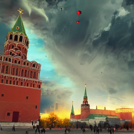 Image similar to a big nuclear explosion in Red Square Kremlin, dynamic lighting, clouds, cinematic, extremely high detail, photo realistic, cinematic lighting, post processed, concept art, artstation, matte painting, unreal engine 8k