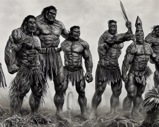 Image similar to hyper realistic group vintage photograph of a warrior orc tribe, tall, muscular, hulk like physique, tribal paint, tribal armor, highly detailed