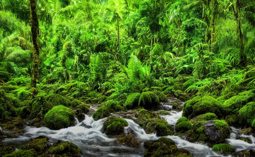 Prompt: A lush beautiful rainforest with a river running through it, 8k dslr photo