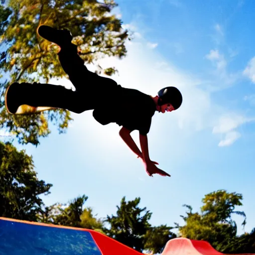 Prompt: young skateboarder with Angel wings kickflip background the sky