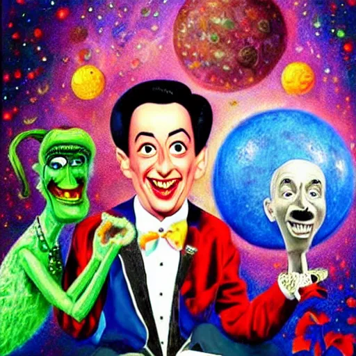 Image similar to beautiful lifelike painting of peewee herman partying with mary poppins on pluto, hyperreal detailed facial features and uv lighting, art by ed roth and basil wolverton