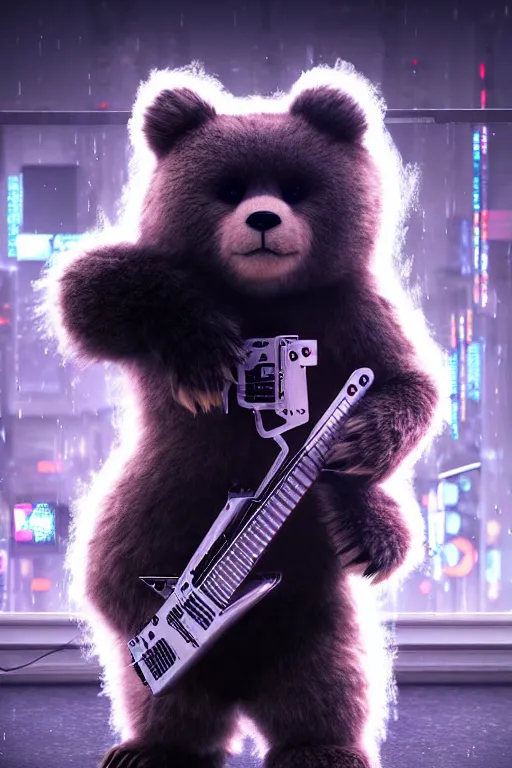 Image similar to high quality 3 d render very cute fluffy cyborg!! bear! plays huge electric guitar, cyberpunk highly detailed, unreal engine cinematic smooth, in the style of blade runner & detective pikachu, hannah yata charlie immer, moody light, low angle, uhd 8 k, sharp focus