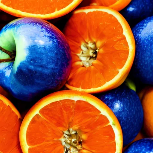 Image similar to A single blue apple in a bowl full of oranges, one blue apple, ten oranges, 4k, photo, hd,