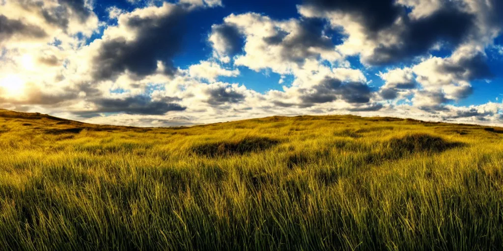 Prompt: a view of a surreal grassy landscape, puffy clouds, 4 k, detailed, beautiful view, perfect lighting, perfect composition