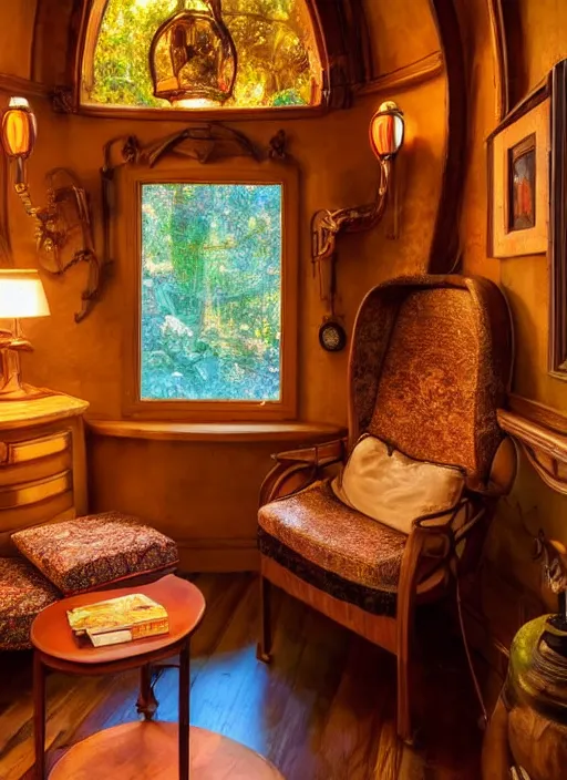 Prompt: an incredibly beautiful scene from a 2 0 2 2 marvel film featuring a cozy art nouveau reading nook in a fantasy treehouse interior. an end table with a lamp. golden hour. 8 k uhd.