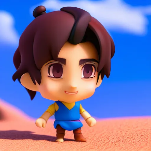 Image similar to profile view of young aladdin as nendoroid walking in a desert, wearing typical clothes, 8 k, hd, dof, kodak film, volumetric lighting, subsurface scattering, photorealistic, octane render