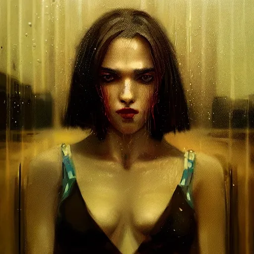 Image similar to detailed portrait of a woman, moment, cyberpunk mag - lev bullet train electronic billboards, tech noir, wet reflections, atmospheric, ambient, livia prima, greg rutkowski, edward hopper, pj crook