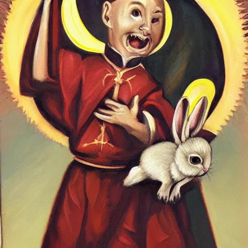 Image similar to priest holding a bunny, bunny has big fangs, priest has ram horns, oil painting