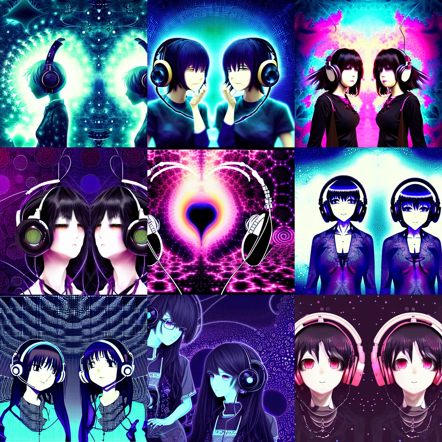 Prompt: two analog lesbian anime girls wearing headphones, esoteric fractal mandelbrot background, dark and gothic, intricate, somber, in the style of desmond paul henry, opengl, stylized, japanese, artstation, highly detailed, noisy and glitched, signal interference, resonant, amazing composition, 4 k