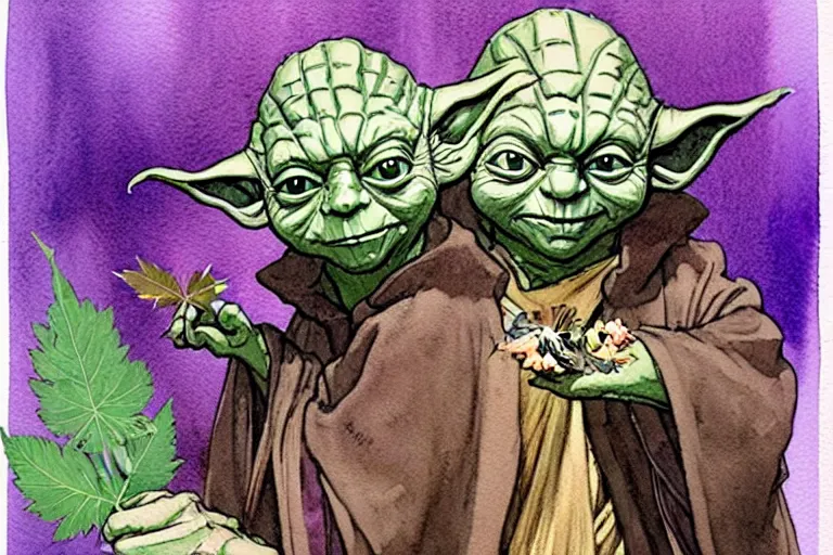 Image similar to a realistic and atmospheric watercolour fantasy character concept art portrait of yoda with pink eyes smiling and holding a blunt with a pot leaf nearby, by rebecca guay, michael kaluta, charles vess and jean moebius giraud