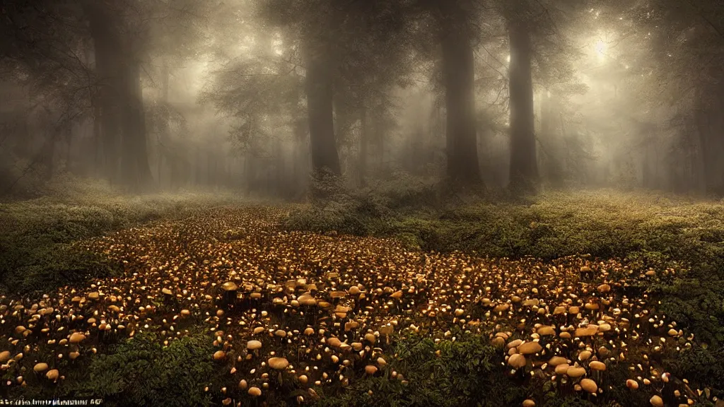 Prompt: amazing landscape photo of a forest of mushrooms by marc adamus, beautiful dramatic lighting