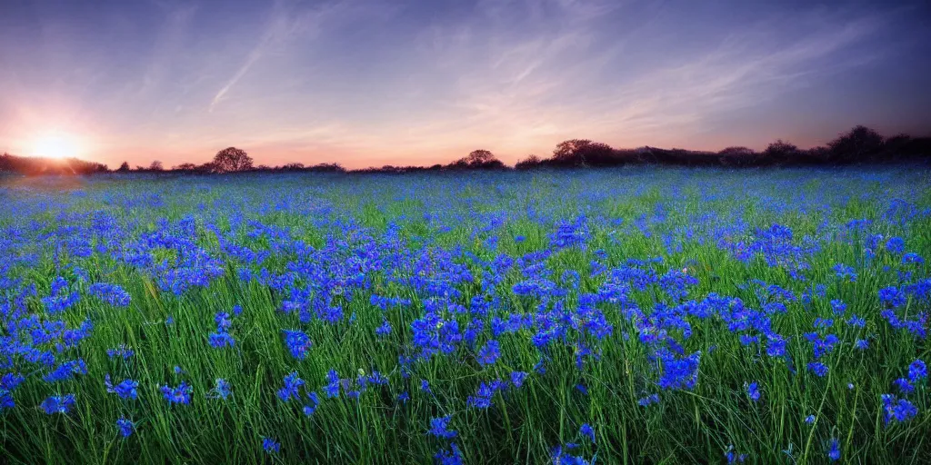 Prompt: beutiful blue flowers on grassland, brook, sunset, very wide view, atmospheric, hyper realistic, photography, 8k, epic composition, award winning, cinematic, unreal engine, artstation