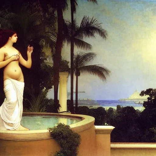 Image similar to Silhouette of two girls at the palace, thunderstorm, greek pool, beach and palm trees on the background major arcana sky, by paul delaroche, alphonse mucha and arnold böcklin arnold böcklin hyperrealistic 8k, very detailed