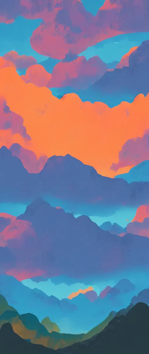 Prompt: A beautiful aesthetic landscape of towering mountains with a sky full of clouds, brightly lit, digital art, 4k orange color pallete