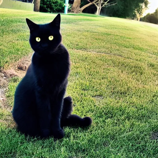 Prompt: a fluffy cute black cat sitting on the corner of a front yard outside in the late afternoon on a beautiful summer day, sunset