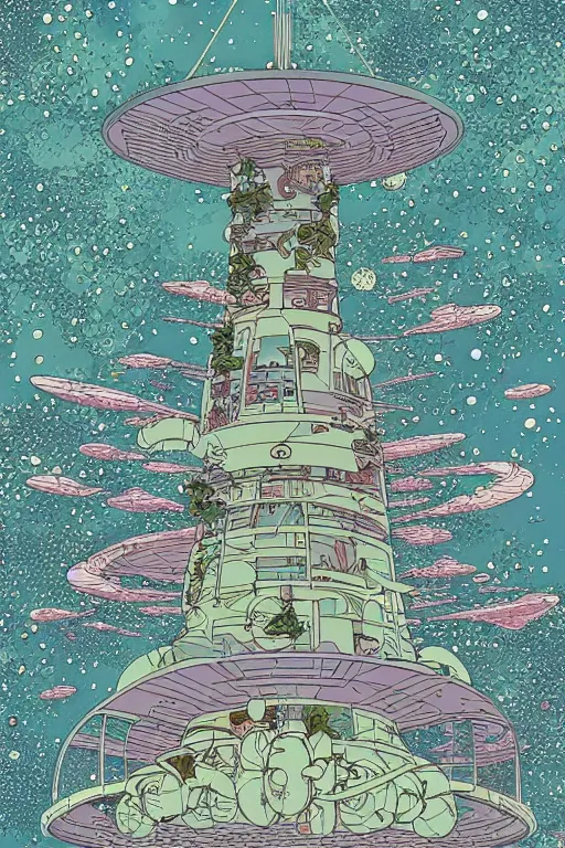 Image similar to multi level botanical garden spaceship floating in space, calm, tranquil, faded effect, detailed, vaporwave colors, by geof darrow, geof darrow art,