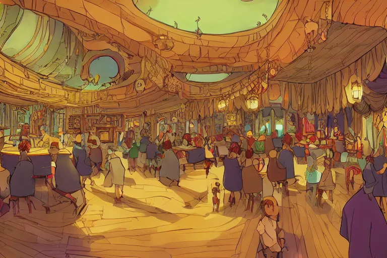 Image similar to interior wide angle shot of a fantasy cabaret in the style of studio ghibli and makoto shinkai, clean lines