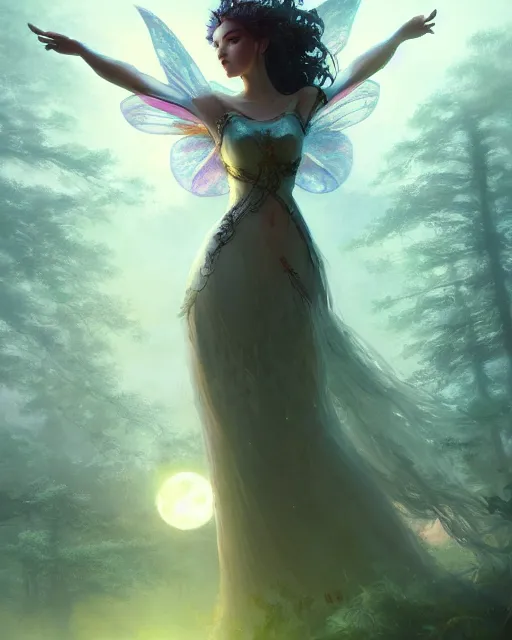 Prompt: attractive fairy goddness fly high in the night, d & d, fantasy, mist, full moon in background, trees, hyper detailed,, midium shot, an oil painting by ruan jia, trending on artstation, concept art, sharp focus, illustration,