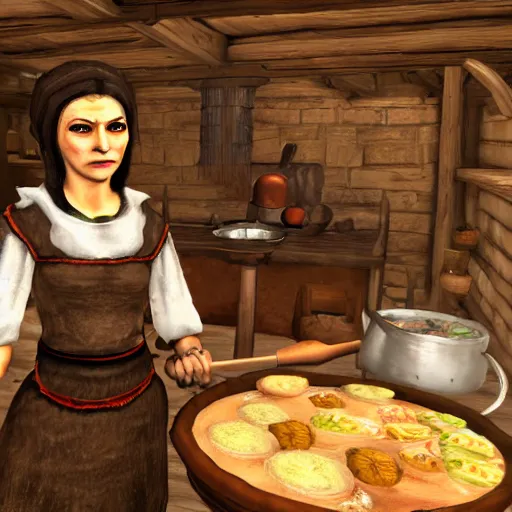 Image similar to mediaeval cooking mama skyrim, 4 k